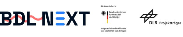 Logo des Projektes BDL Next mit Förderhinweisen des Bundesministerium für Wirtschaft und Energie und des Projektträgers DLR 