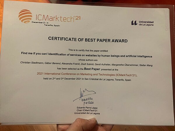 Best Paper Award der Konferenz ICmarketech 2021 