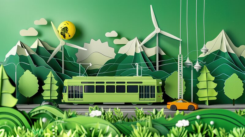 Nachhaltiger Verkehr und erneuerbare Energien in einer grünen Landschaft